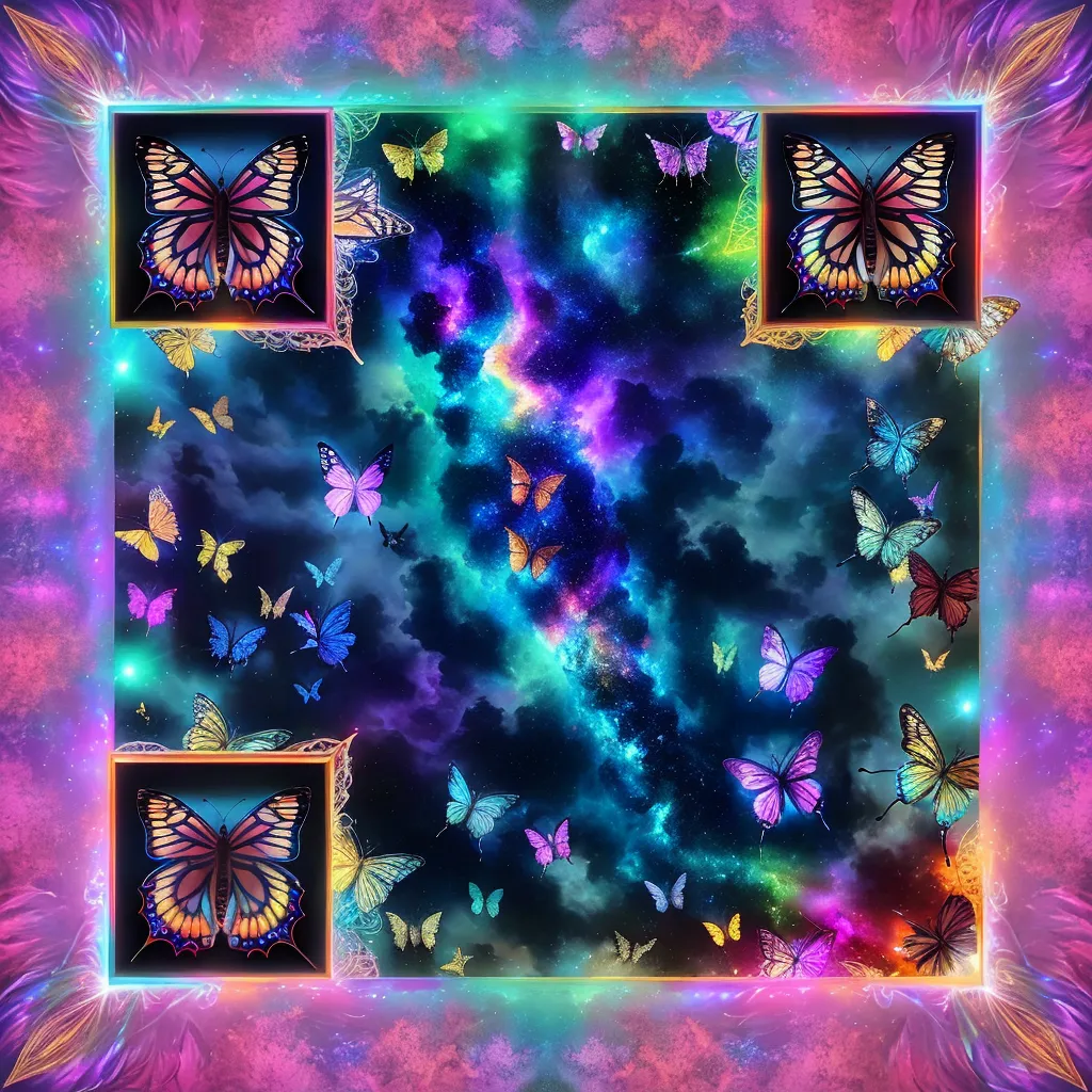 A massive tornado swirling with thousands of metallic butterflies, glowing wings, surreal lighting, fantasy art style, dreamlike colors, ultra sharp, 8k