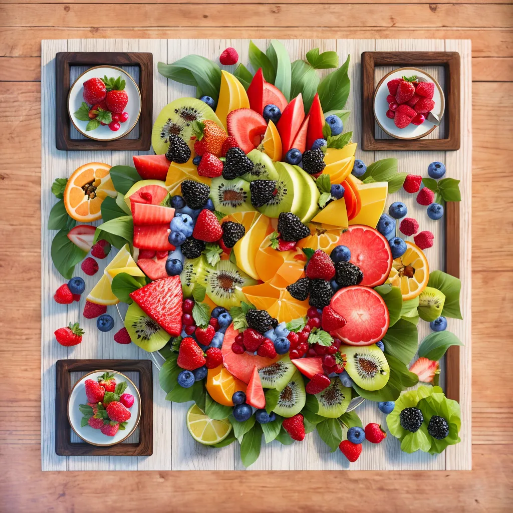A vibrant fruit platter on a wooden table, photorealistic, detailed textures, natural daylight, crisp shadows, 8k, ultra detailed