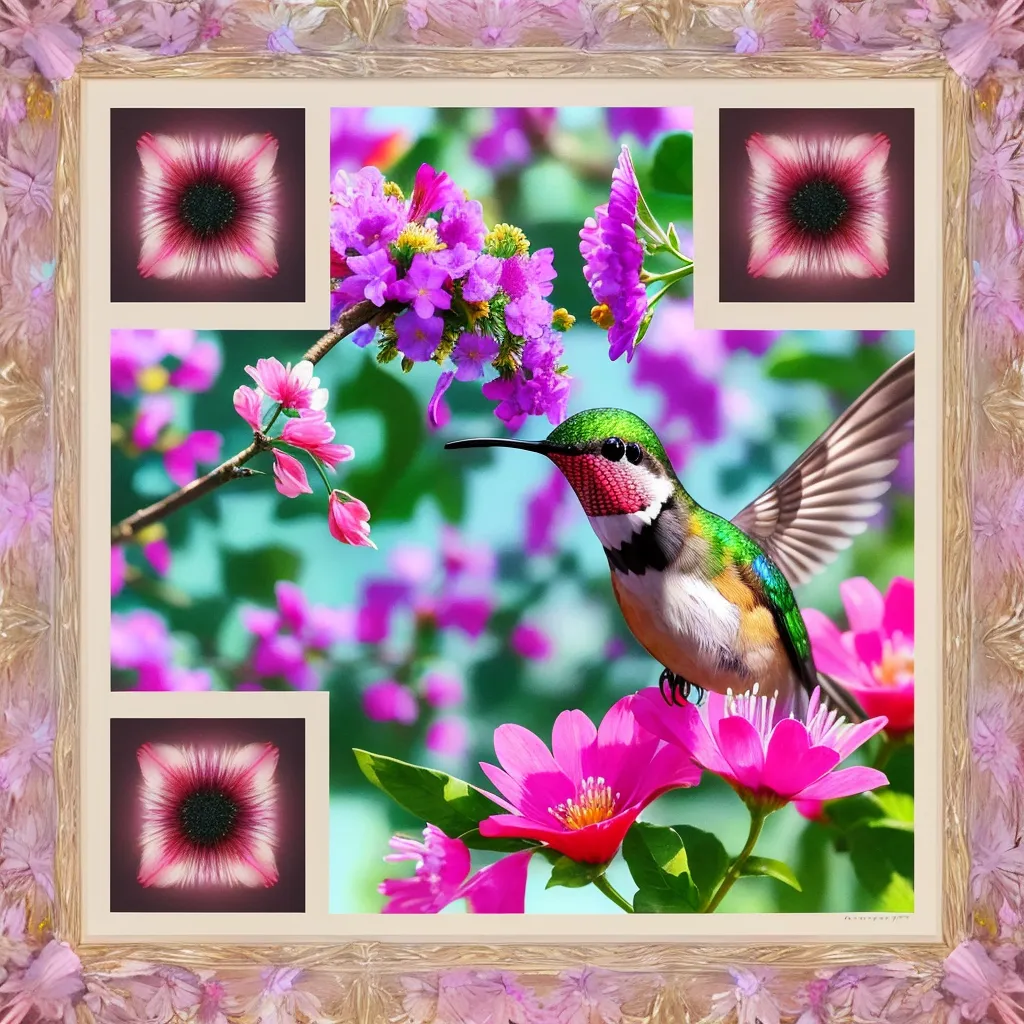 A hummingbird drinking nectar from a vibrant flower, photorealistic, detailed wings in motion, natural daylight, crisp colors, 8k, ultra detailed